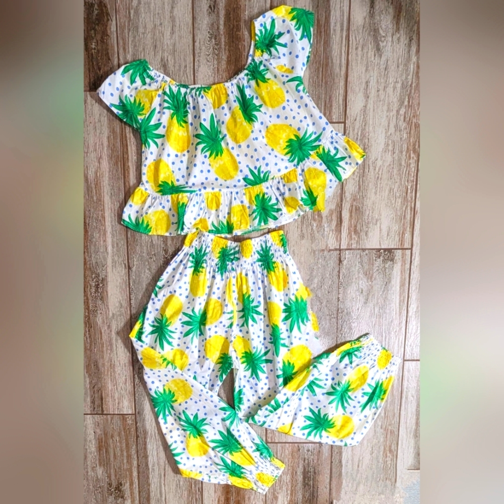 LJC Designs Pineapple Cotton Crop Top & Jogger Pants Resortwear Set M NWT